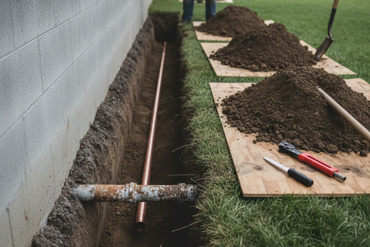 Excavated water line trench during Water Heater Repair in Shepherdstown